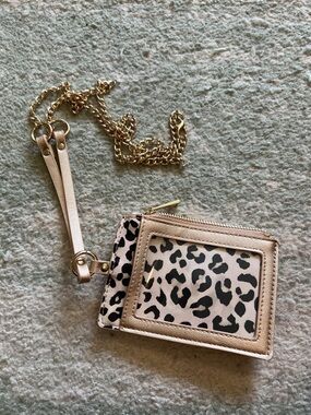 Gold-Trim Leopard Print Card Wallet with Chain Strap